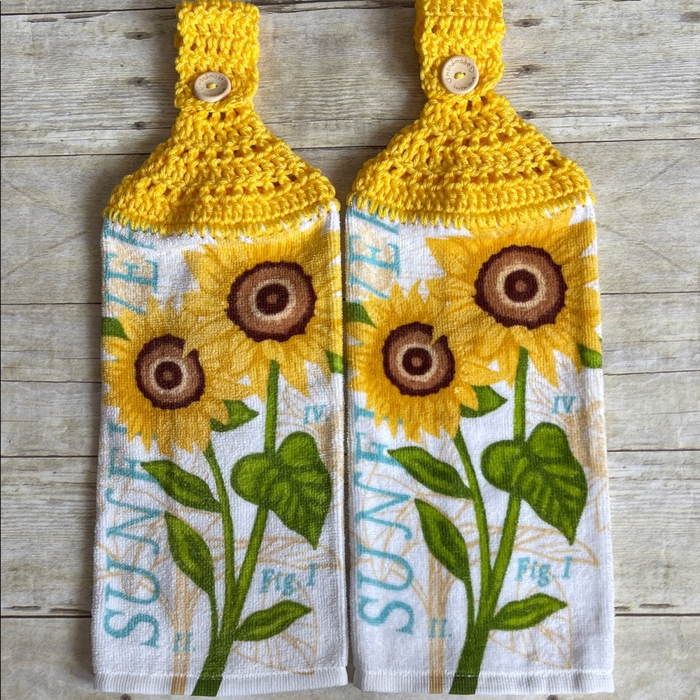 Big Sunflowers Hanging HandTowels Set of 2 Yellow Top Handmade W/ Love